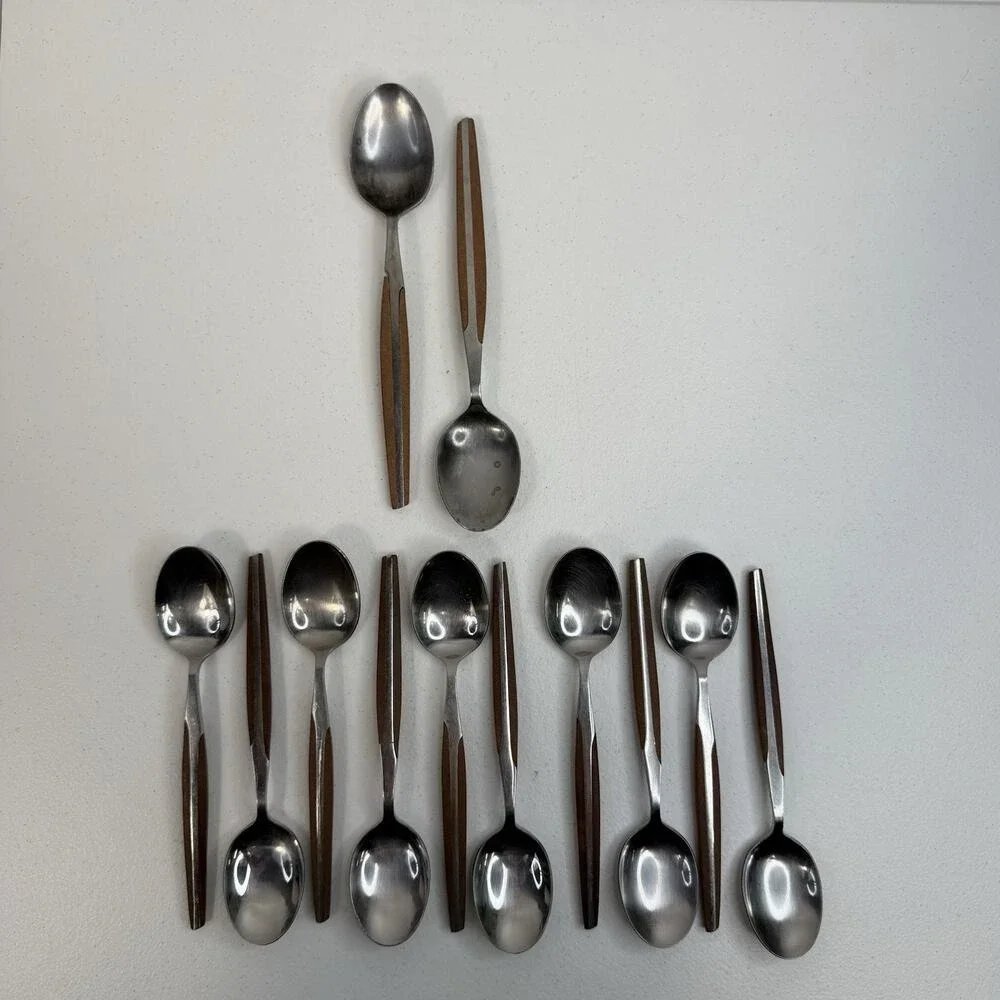 Eldan ELD2-BROWN‎ Set Of 12 Spoons Mid Century Modern Flatware Stainless Steel